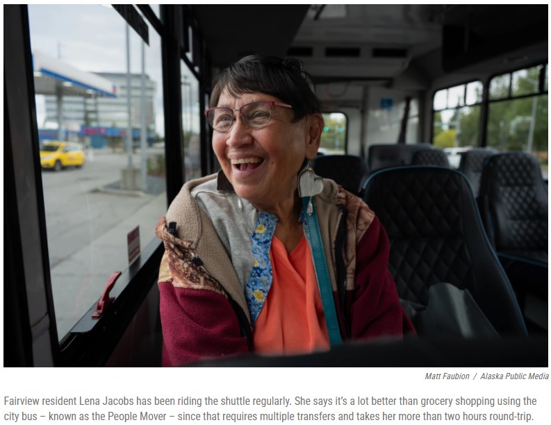 Alaska Public Media photo of Fairview resident Lena Jacobs riding the Fairview Weekend Shuttle